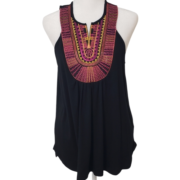 Ella Moss Women’s Black and Colorful Embroidered Sleeveless Top V Neck Size M - Picture 1 of 13